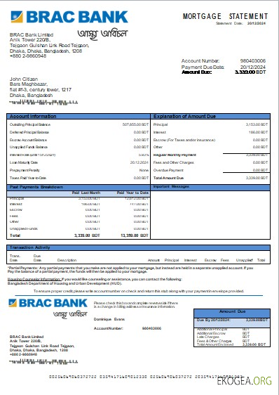 Bangladesh BRAC Bank relevé hypothécaire bancaire scr